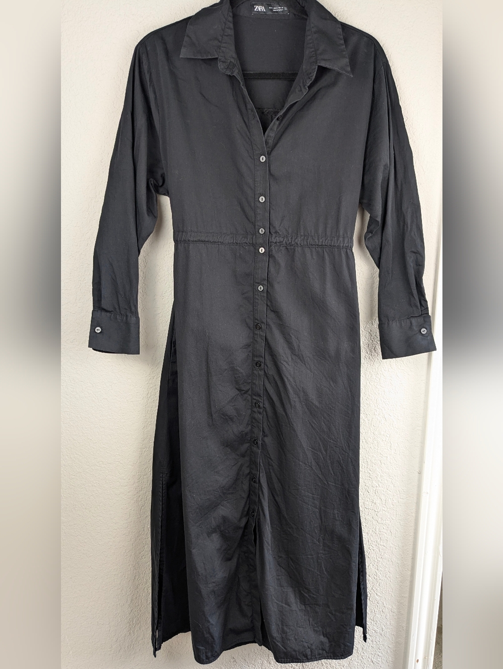 Zara Black Midi Dress S 100% Cotton Button Front Tie Waist LS Collar Excellent
